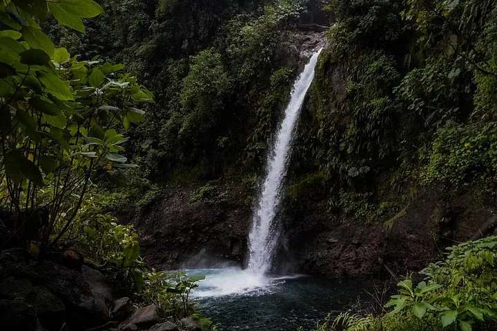 Hoher, malerischer Wasserfall, der über eine Felsklippe in ein Becken stürzt
