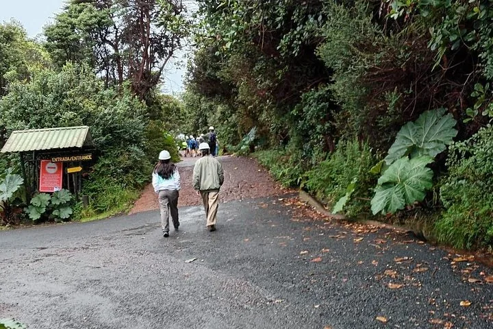 Touristen gehen einen befestigten Weg hinauf zum Eingang des Poás-Vulkans